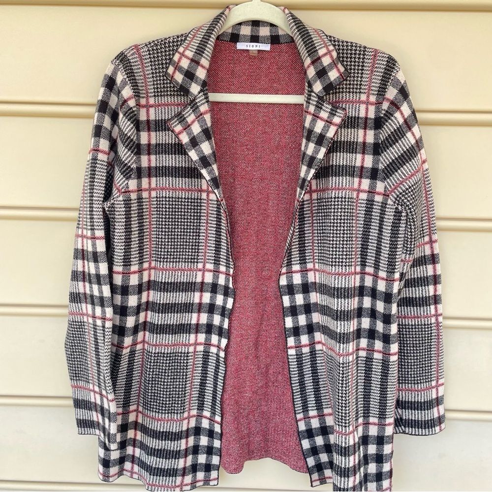 Sioni Luxury Plaid Open Front Collared Cardigan Black Red Layering Piece Large